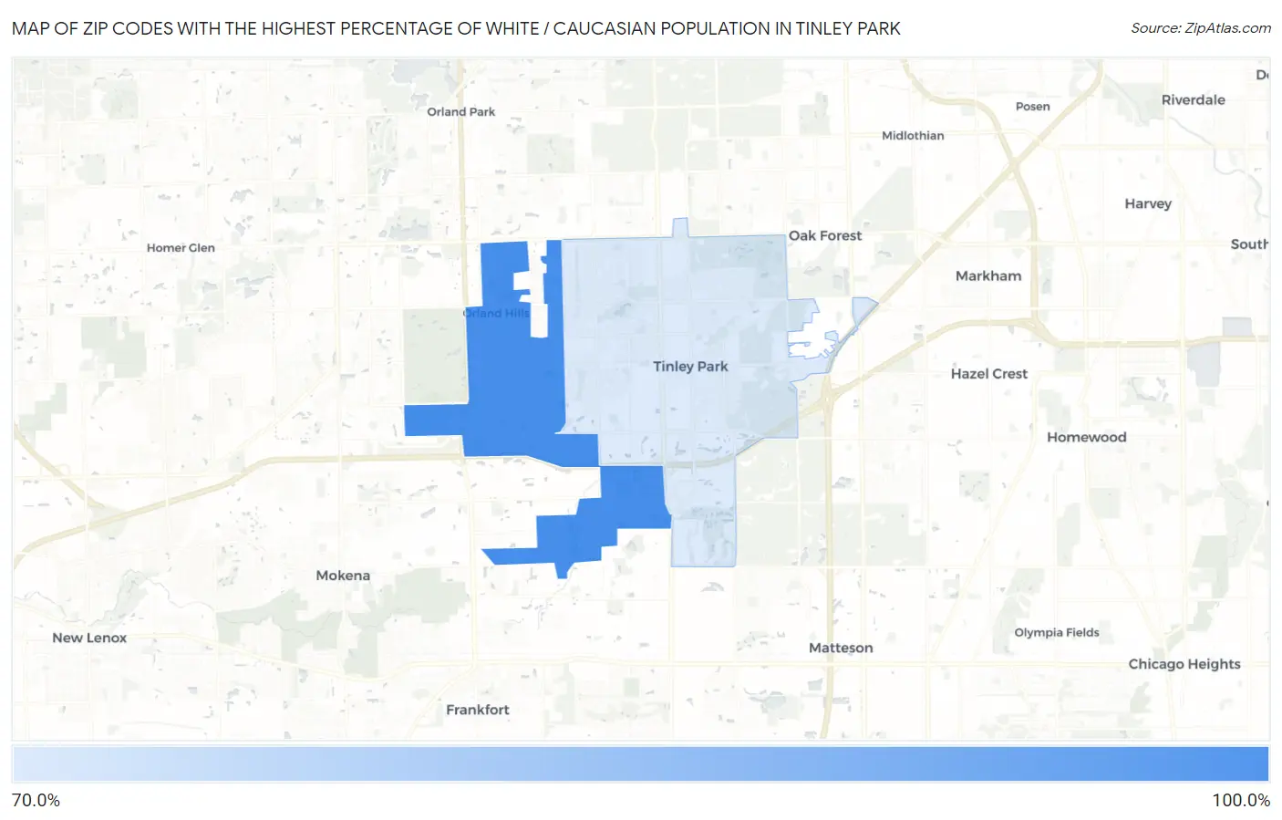 Zip Codes with the Highest Percentage of White / Caucasian Population in Tinley Park Map
