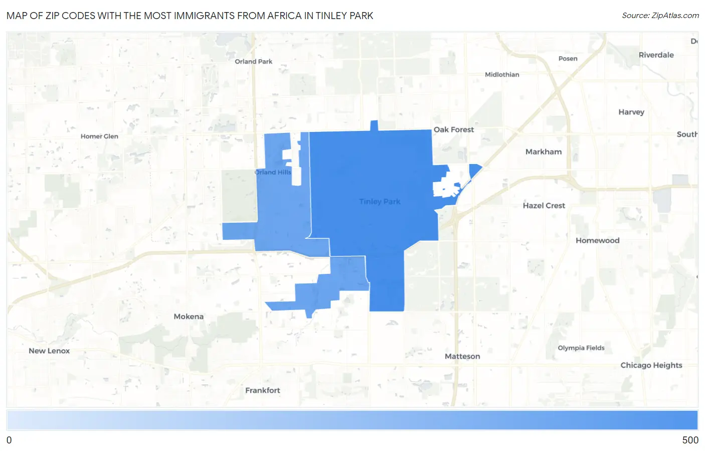 Zip Codes with the Most Immigrants from Africa in Tinley Park Map