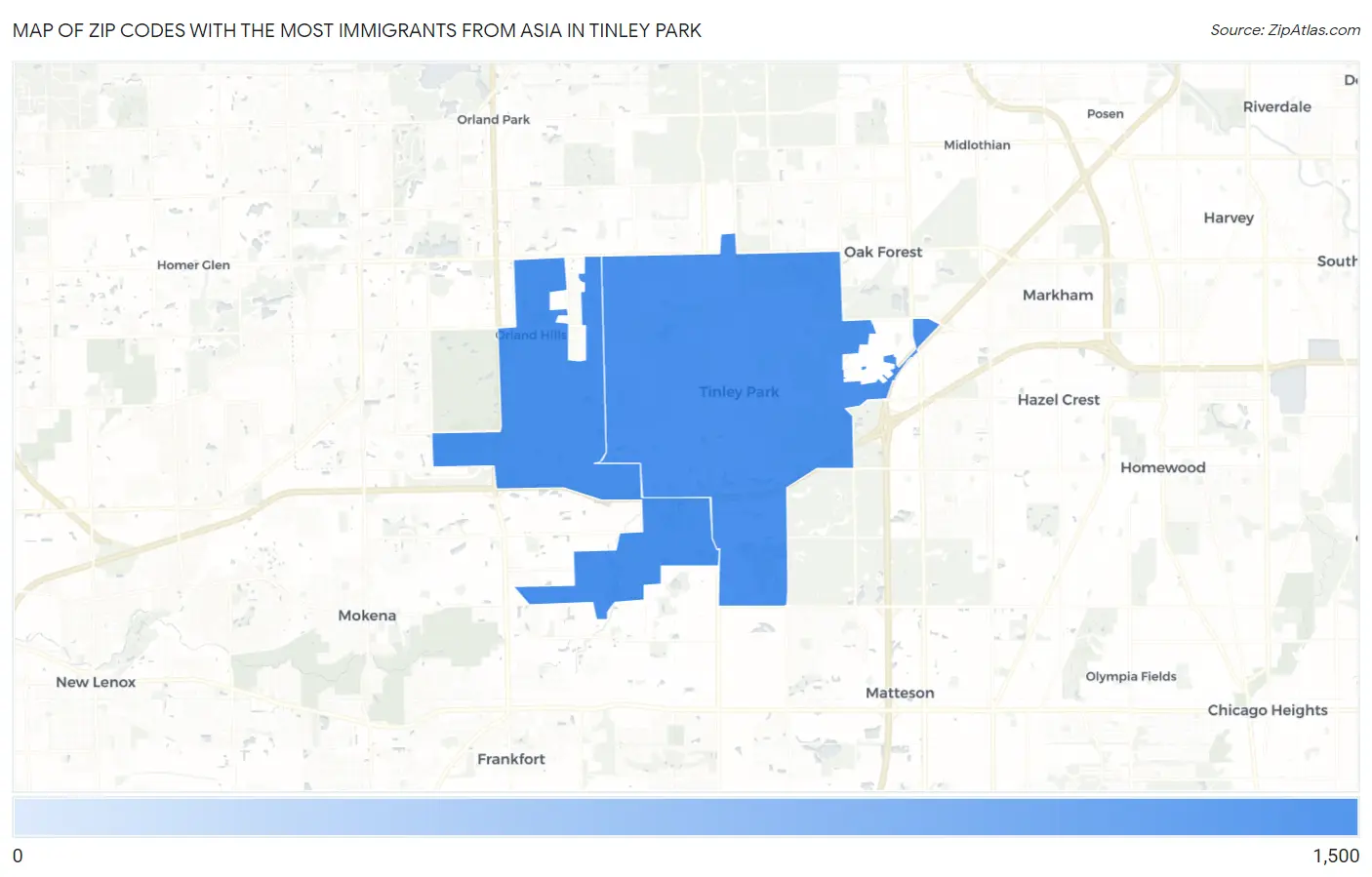Zip Codes with the Most Immigrants from Asia in Tinley Park Map
