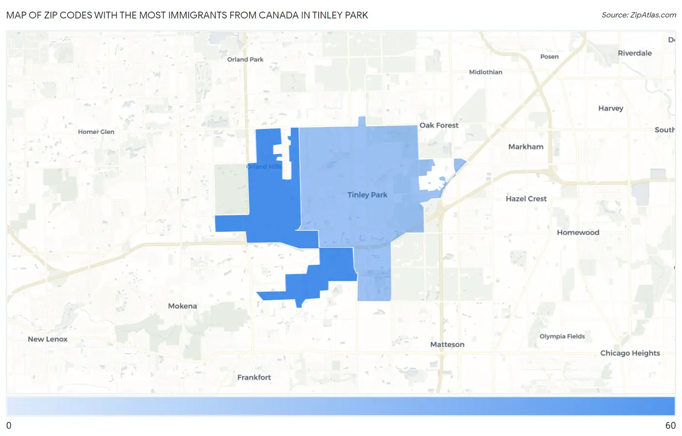Zip Codes with the Most Immigrants from Canada in Tinley Park Map