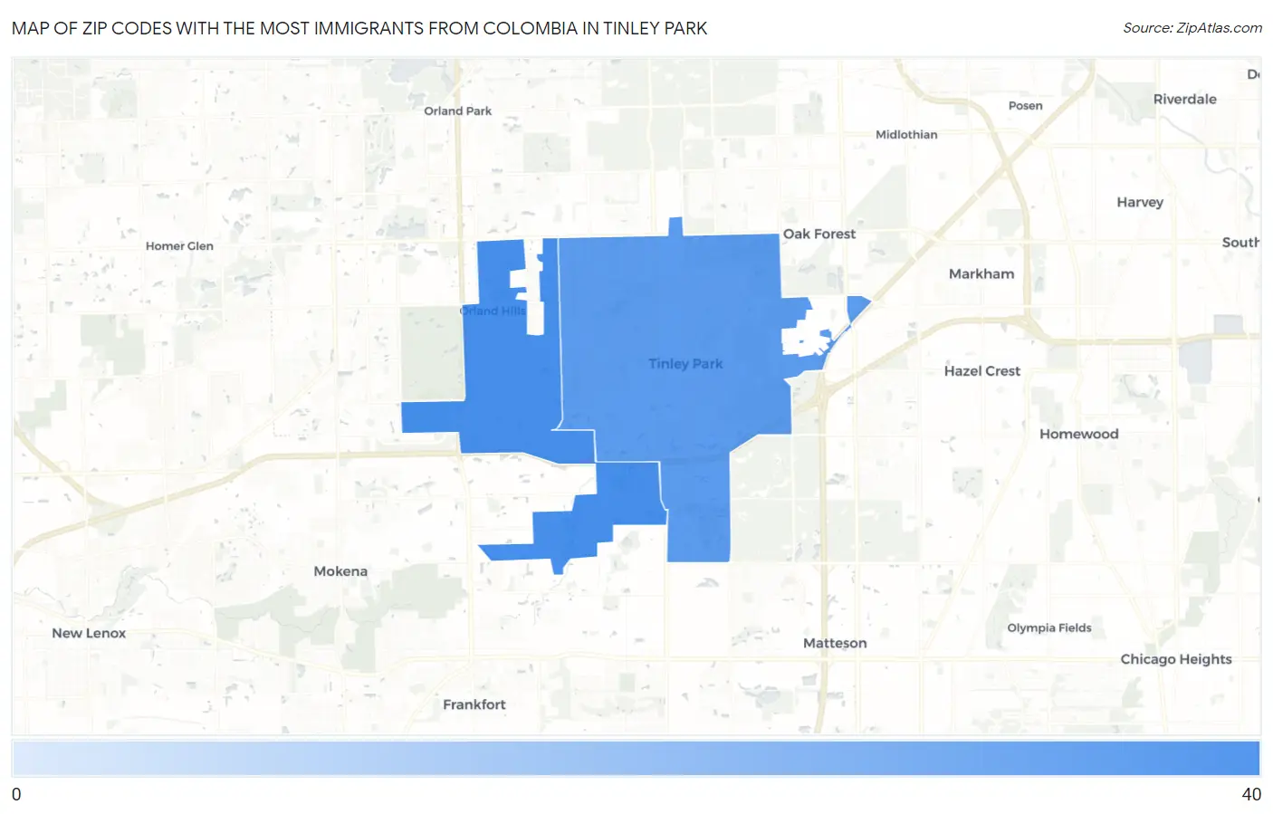 Zip Codes with the Most Immigrants from Colombia in Tinley Park Map