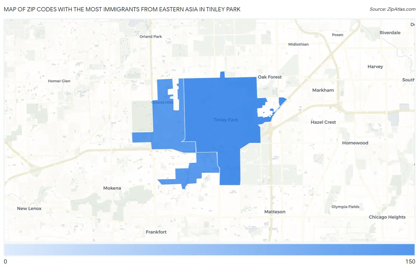 Zip Codes with the Most Immigrants from Eastern Asia in Tinley Park Map