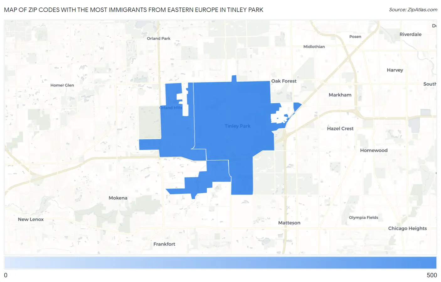 Zip Codes with the Most Immigrants from Eastern Europe in Tinley Park Map