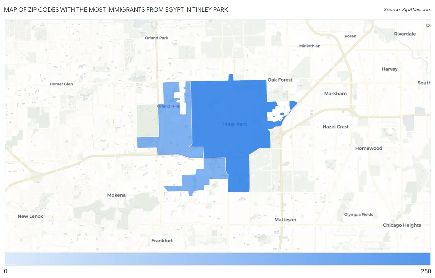 Zip Codes with the Most Immigrants from Egypt in Tinley Park Map