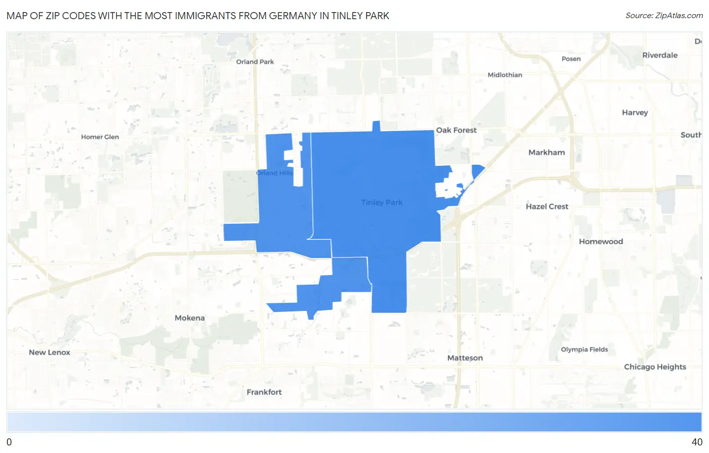 Zip Codes with the Most Immigrants from Germany in Tinley Park Map