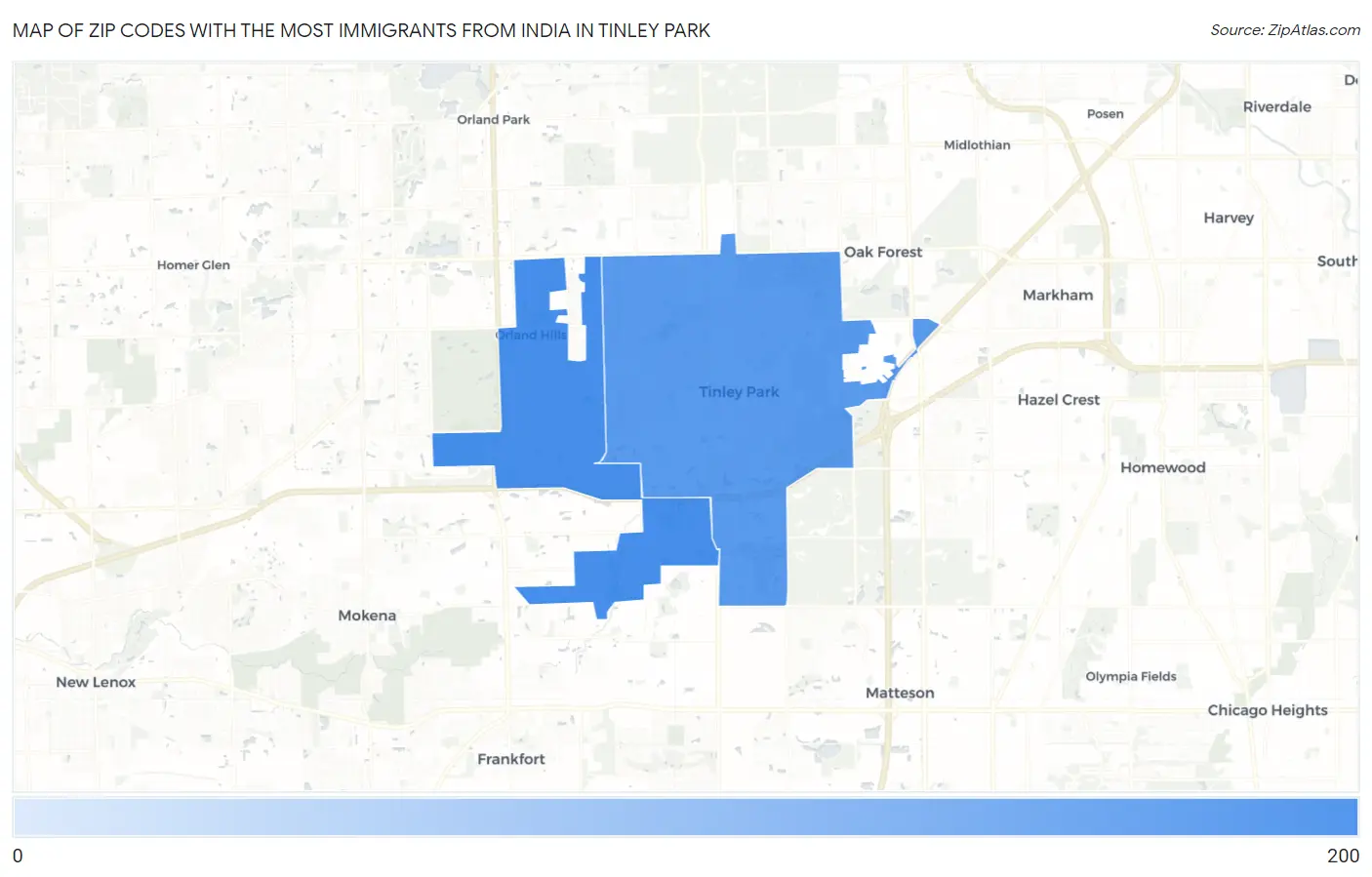 Zip Codes with the Most Immigrants from India in Tinley Park Map