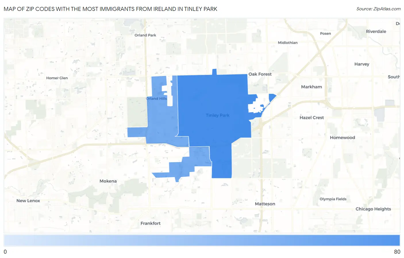 Zip Codes with the Most Immigrants from Ireland in Tinley Park Map