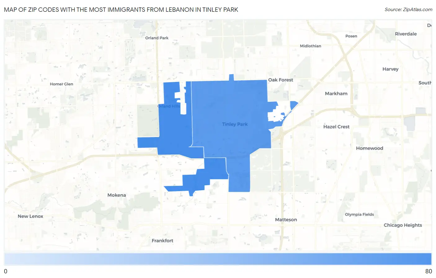Zip Codes with the Most Immigrants from Lebanon in Tinley Park Map