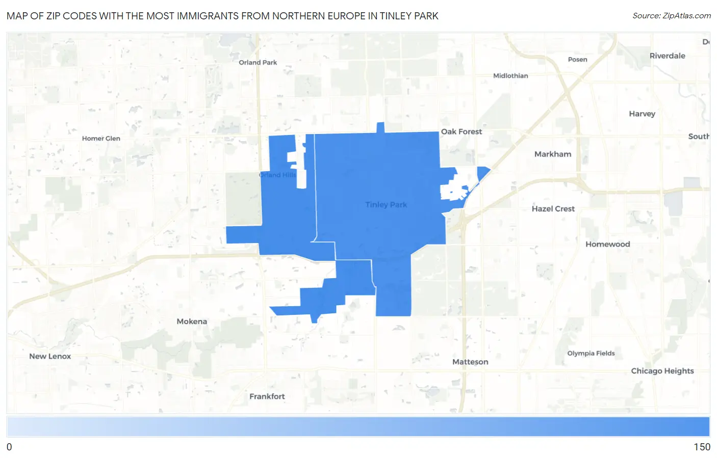 Zip Codes with the Most Immigrants from Northern Europe in Tinley Park Map