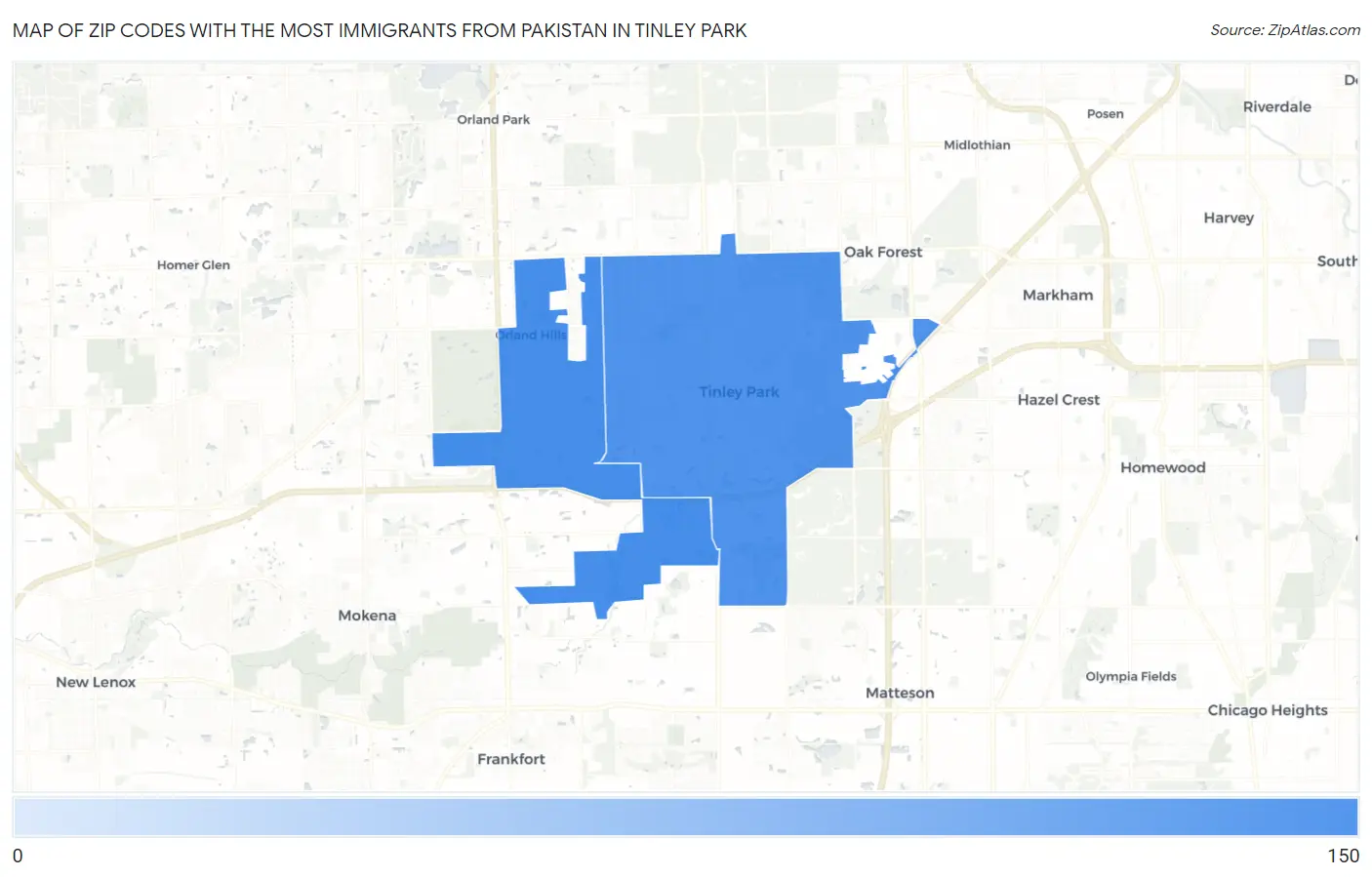 Zip Codes with the Most Immigrants from Pakistan in Tinley Park Map