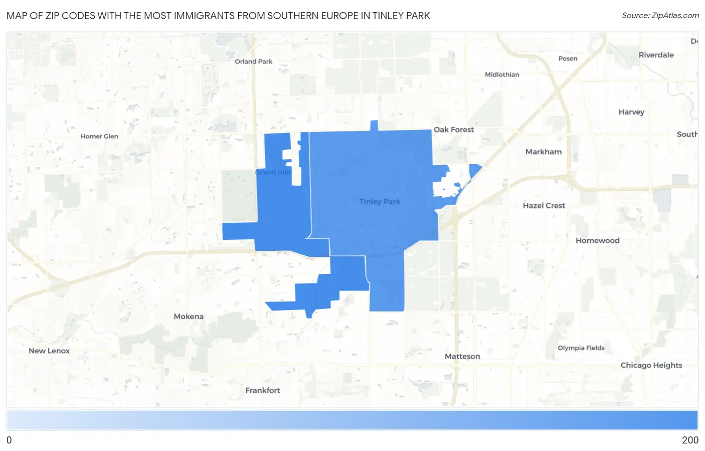 Zip Codes with the Most Immigrants from Southern Europe in Tinley Park Map