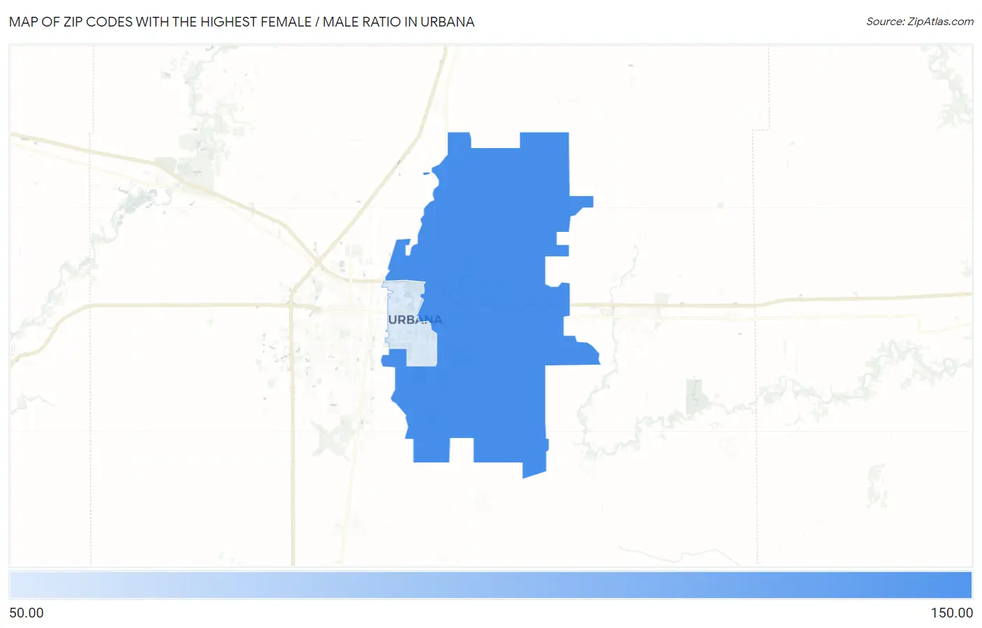 Zip Codes with the Highest Female / Male Ratio in Urbana Map