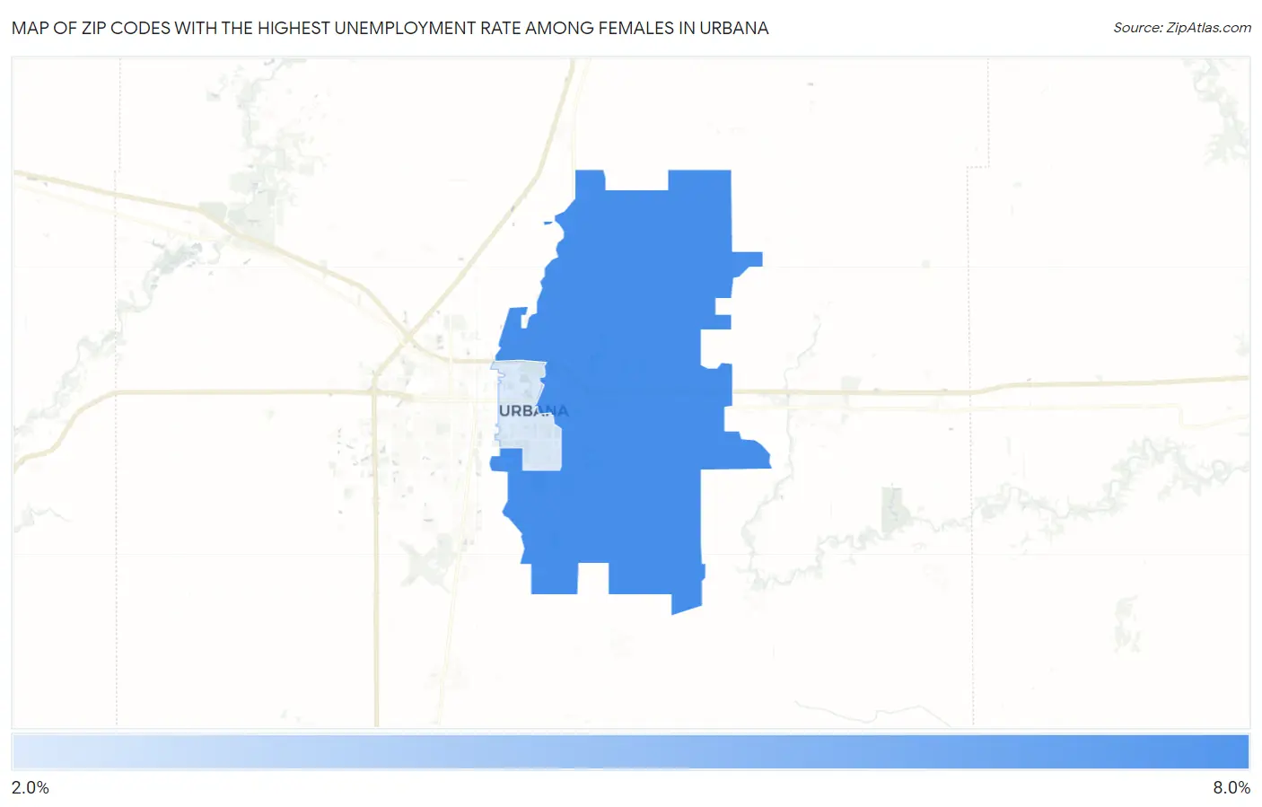 Zip Codes with the Highest Unemployment Rate Among Females in Urbana Map