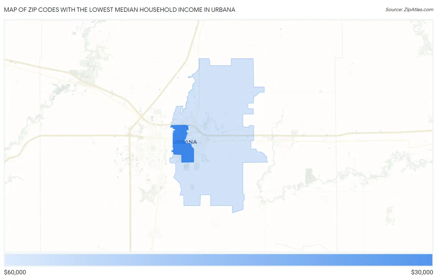 Zip Codes with the Lowest Median Household Income in Urbana Map