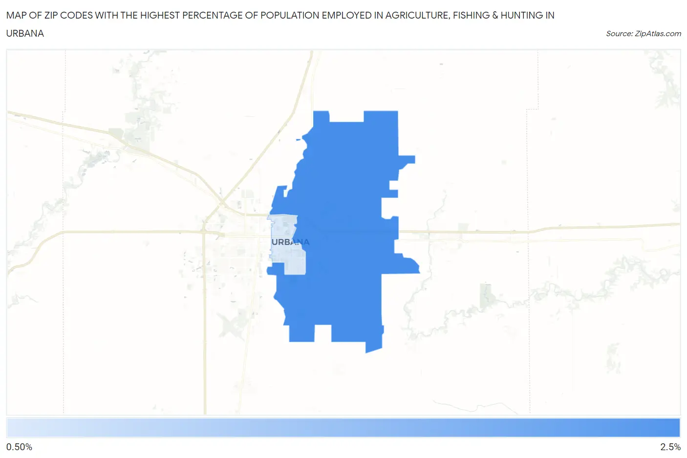 Zip Codes with the Highest Percentage of Population Employed in Agriculture, Fishing & Hunting in Urbana Map