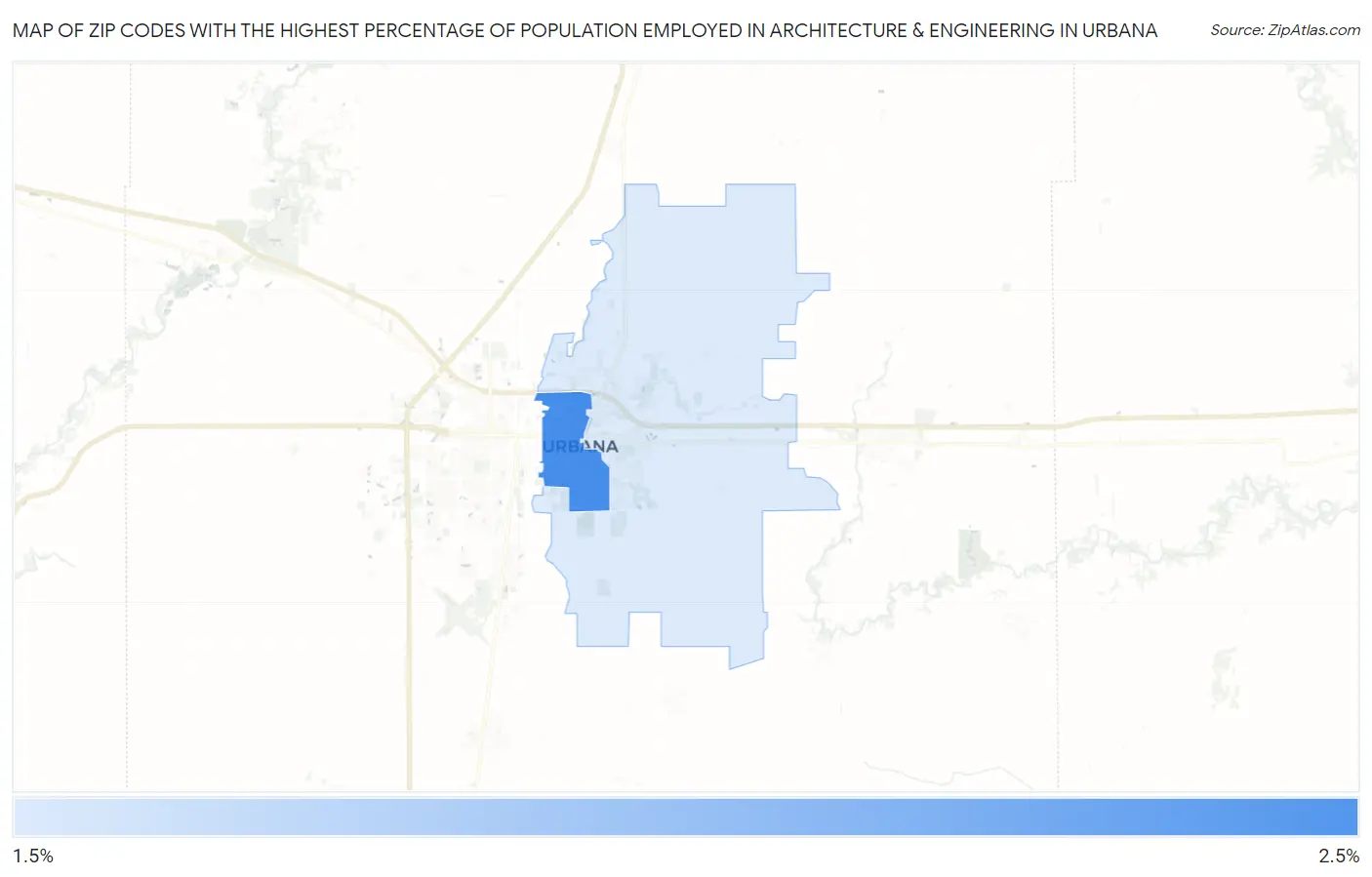 Zip Codes with the Highest Percentage of Population Employed in Architecture & Engineering in Urbana Map