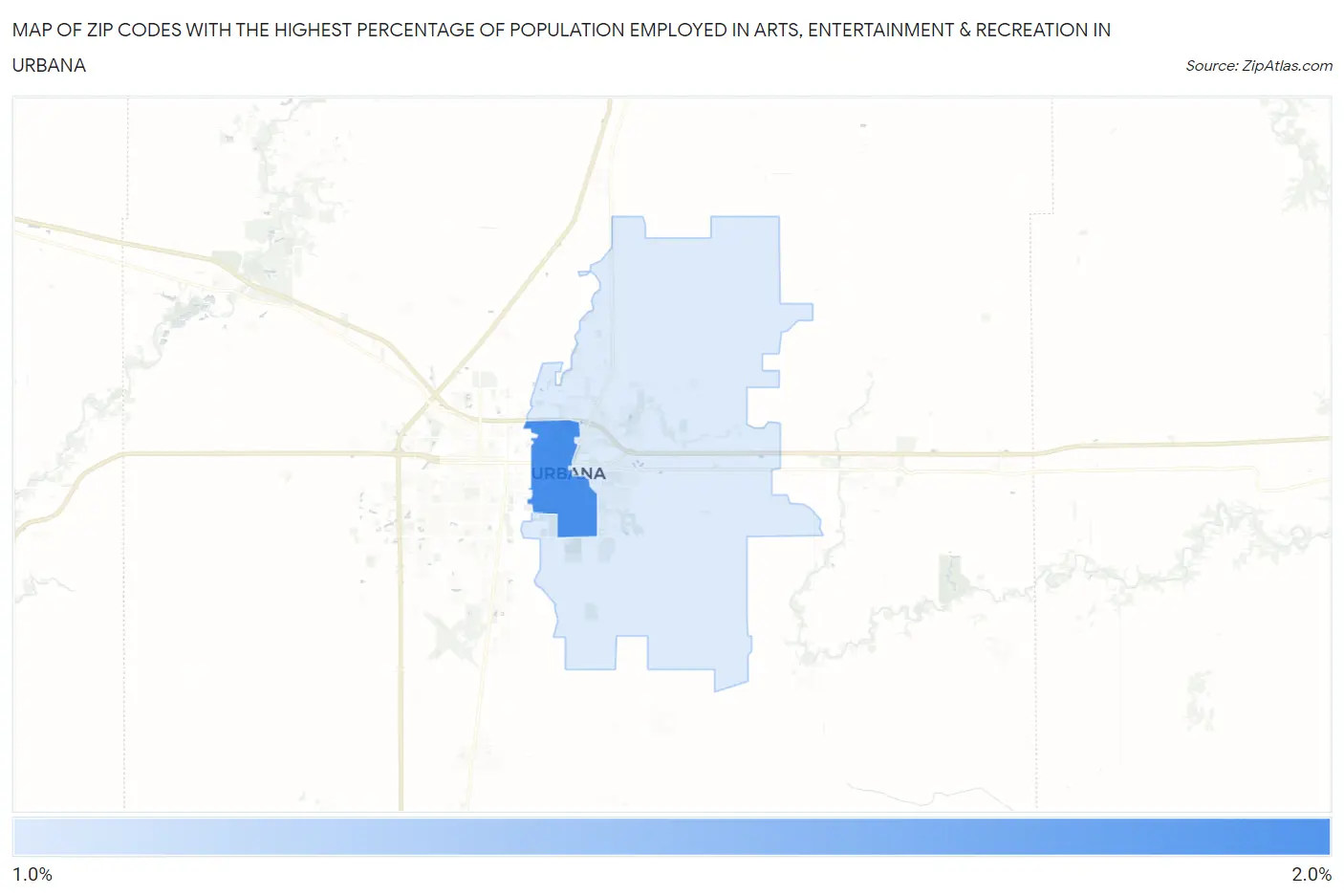 Zip Codes with the Highest Percentage of Population Employed in Arts, Entertainment & Recreation in Urbana Map