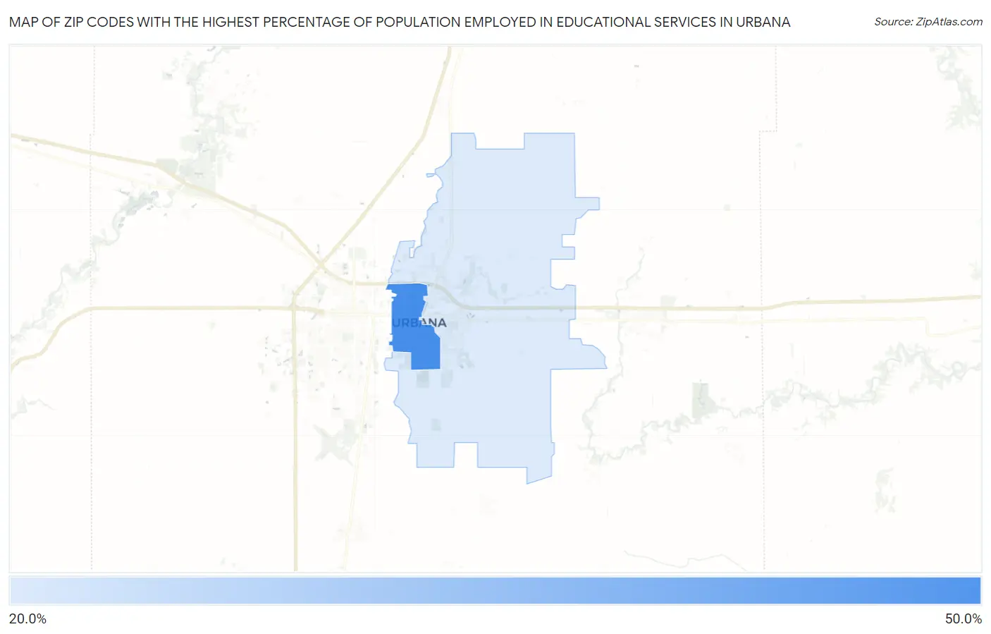 Zip Codes with the Highest Percentage of Population Employed in Educational Services in Urbana Map