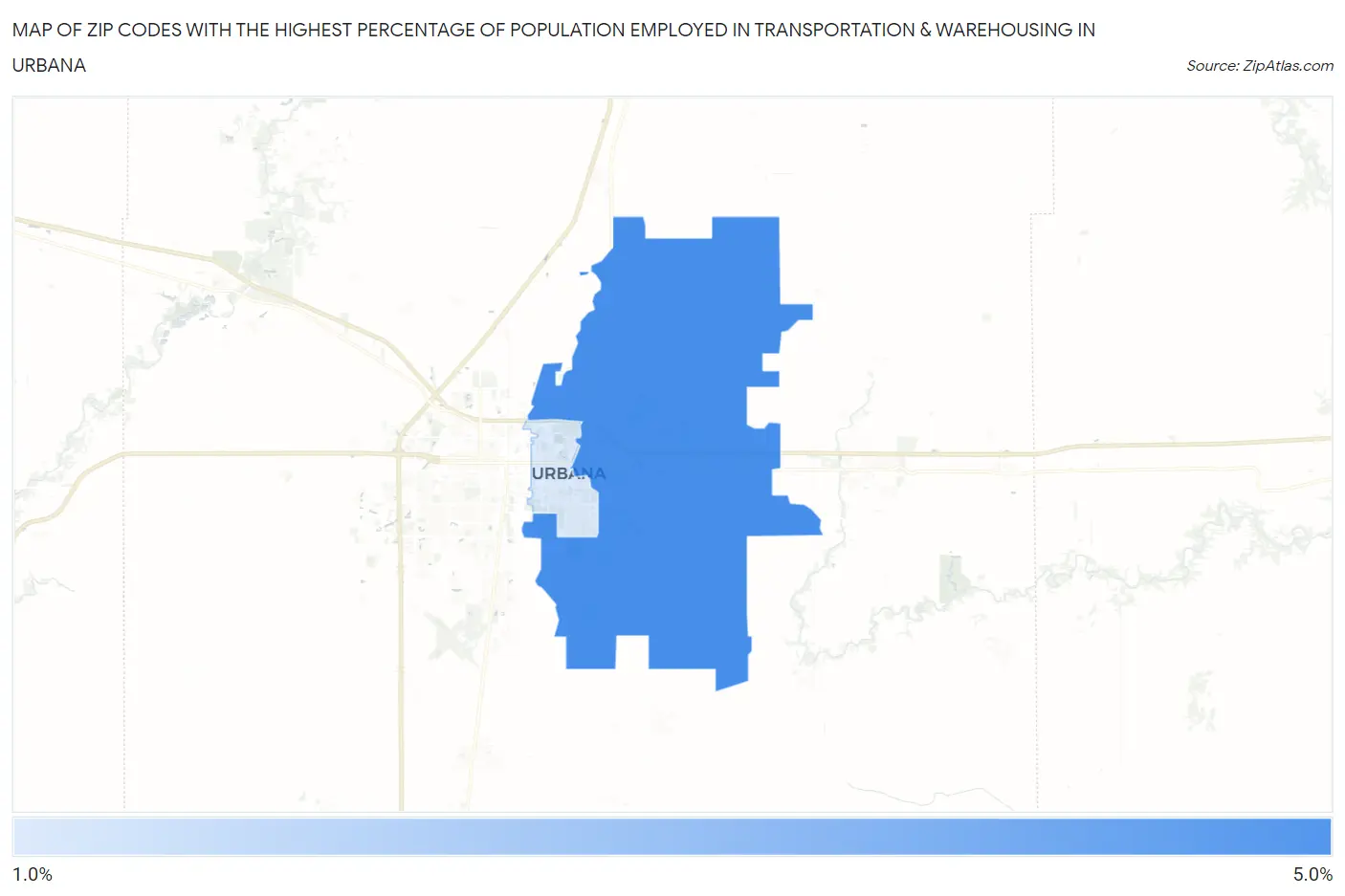 Zip Codes with the Highest Percentage of Population Employed in Transportation & Warehousing in Urbana Map