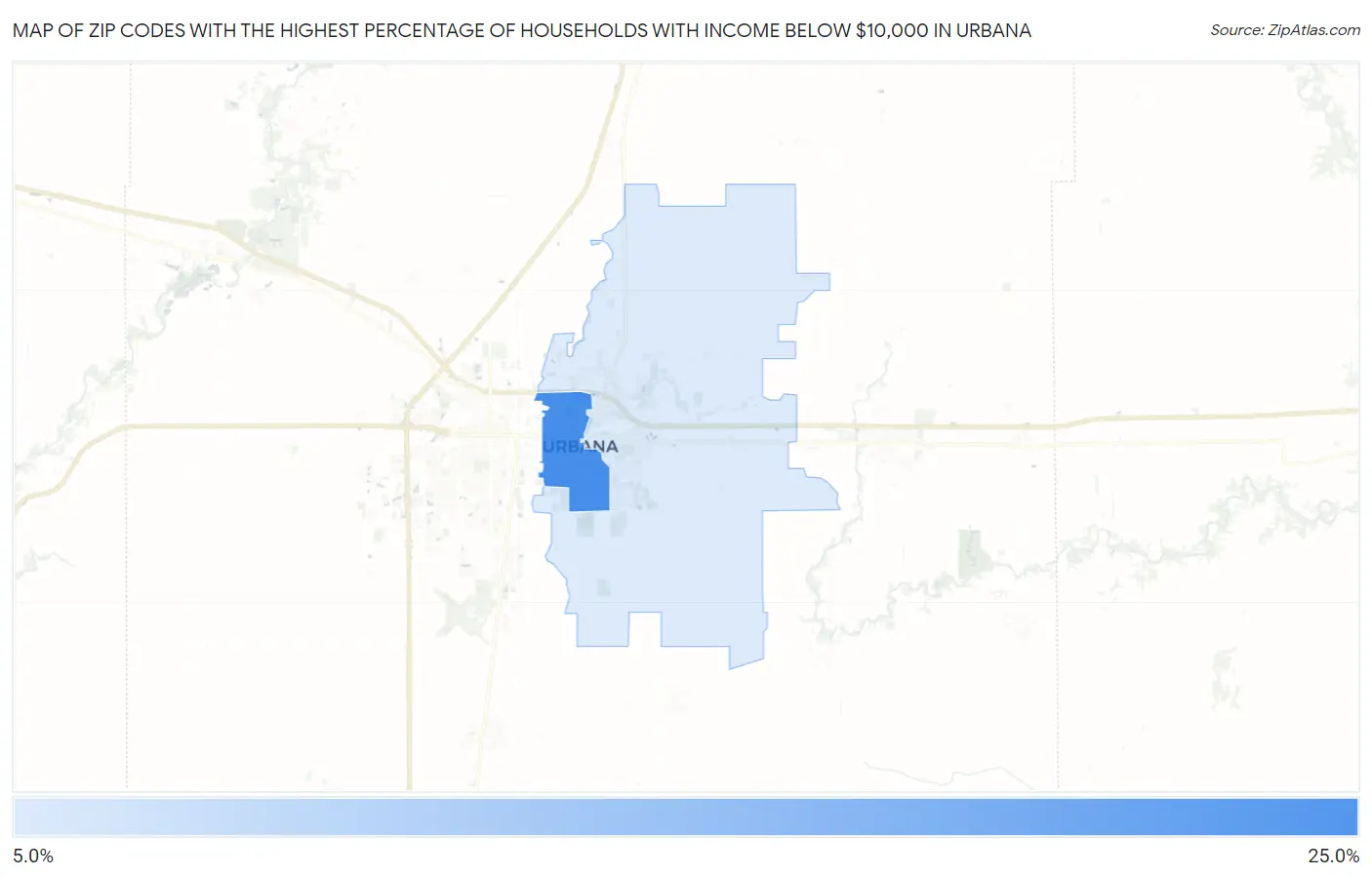 Zip Codes with the Highest Percentage of Households with Income Below $10,000 in Urbana Map