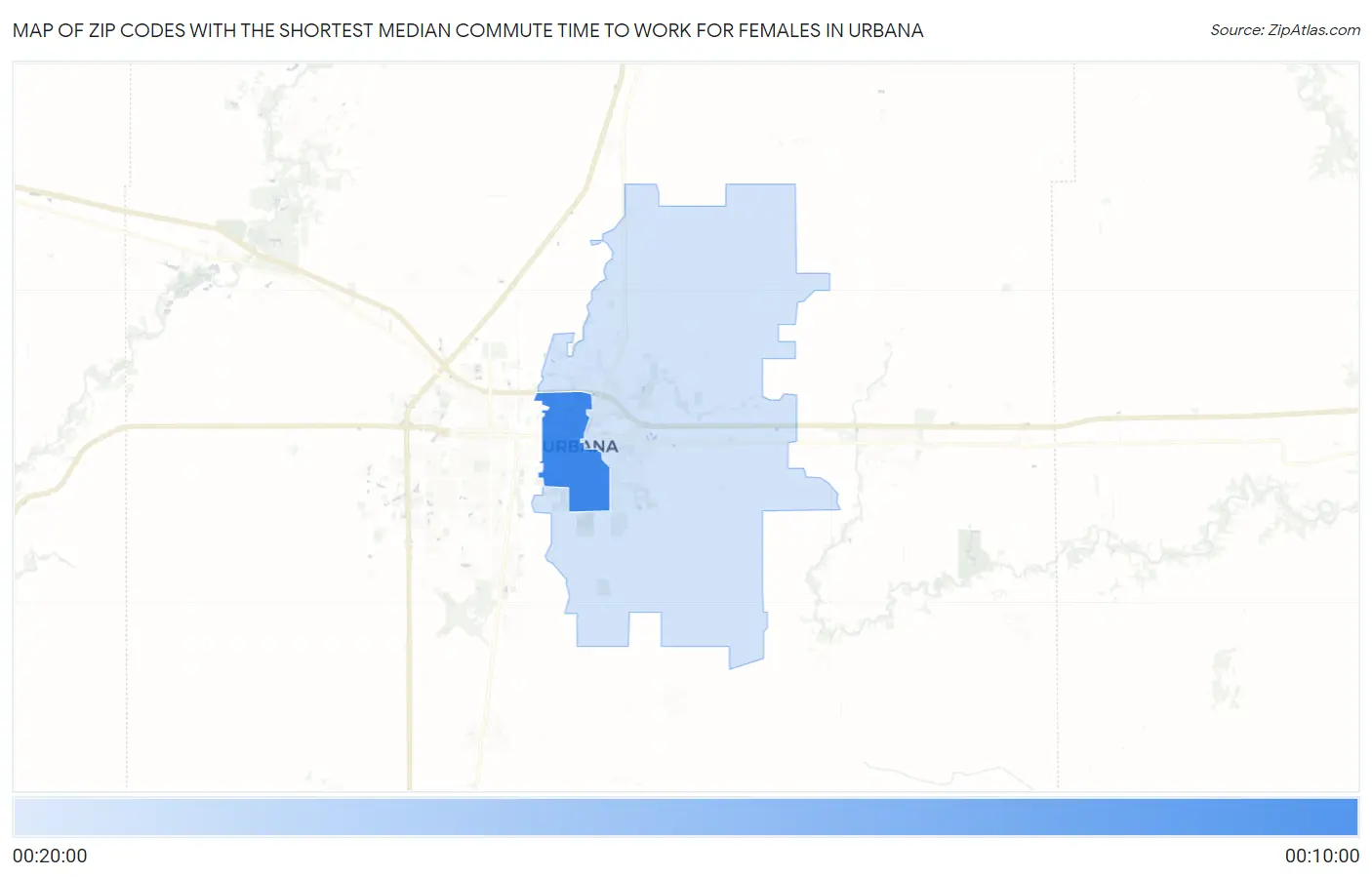 Zip Codes with the Shortest Median Commute Time to Work for Females in Urbana Map