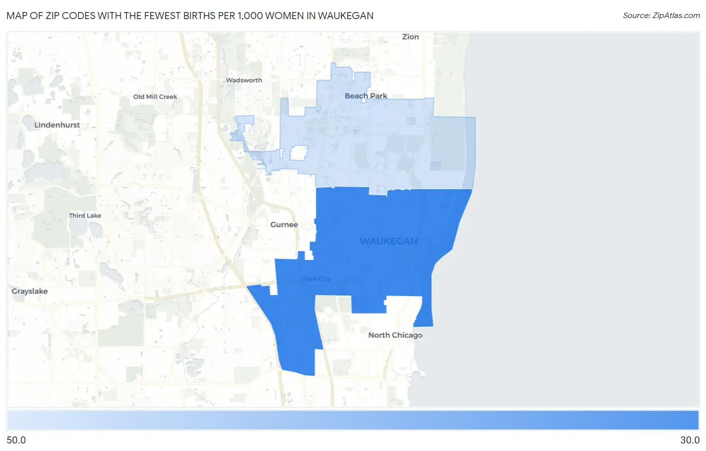 Zip Codes with the Fewest Births per 1,000 Women in Waukegan Map