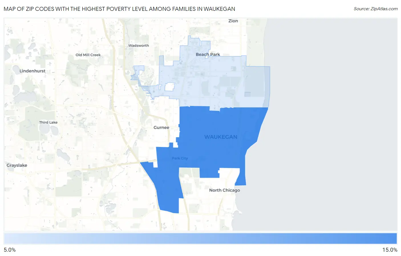 Zip Codes with the Highest Poverty Level Among Families in Waukegan Map