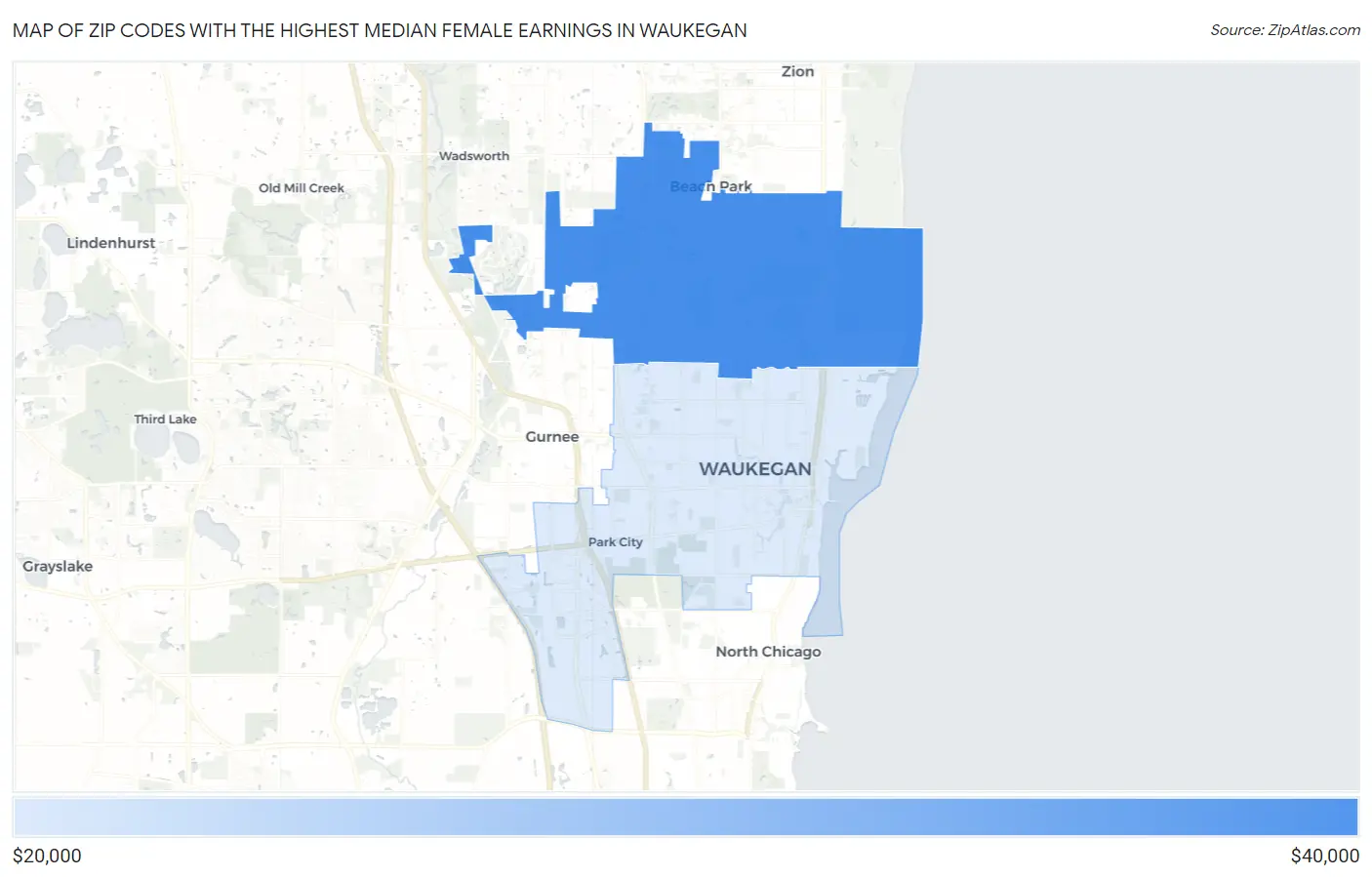 Zip Codes with the Highest Median Female Earnings in Waukegan Map
