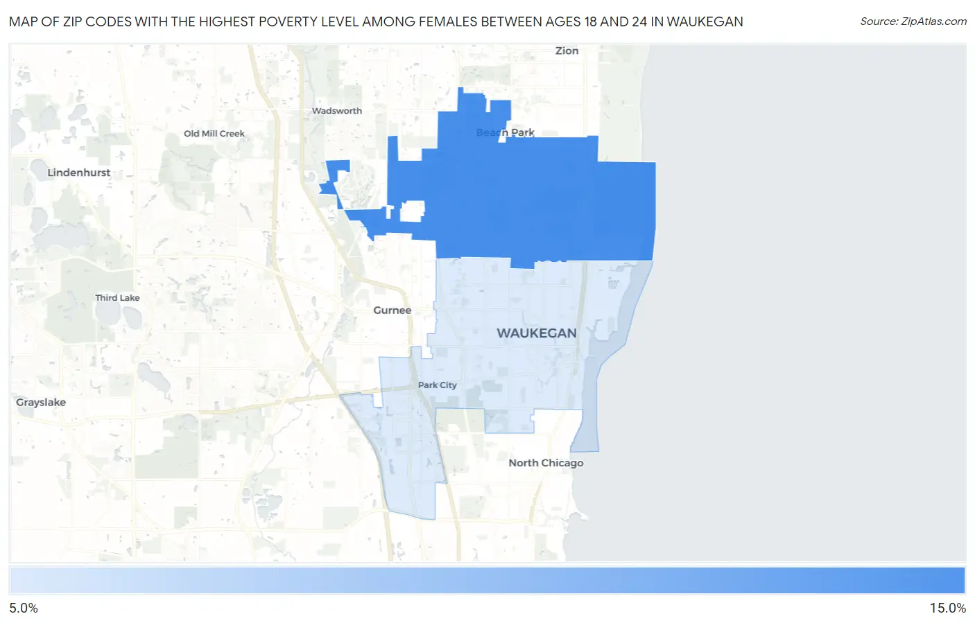 Zip Codes with the Highest Poverty Level Among Females Between Ages 18 and 24 in Waukegan Map