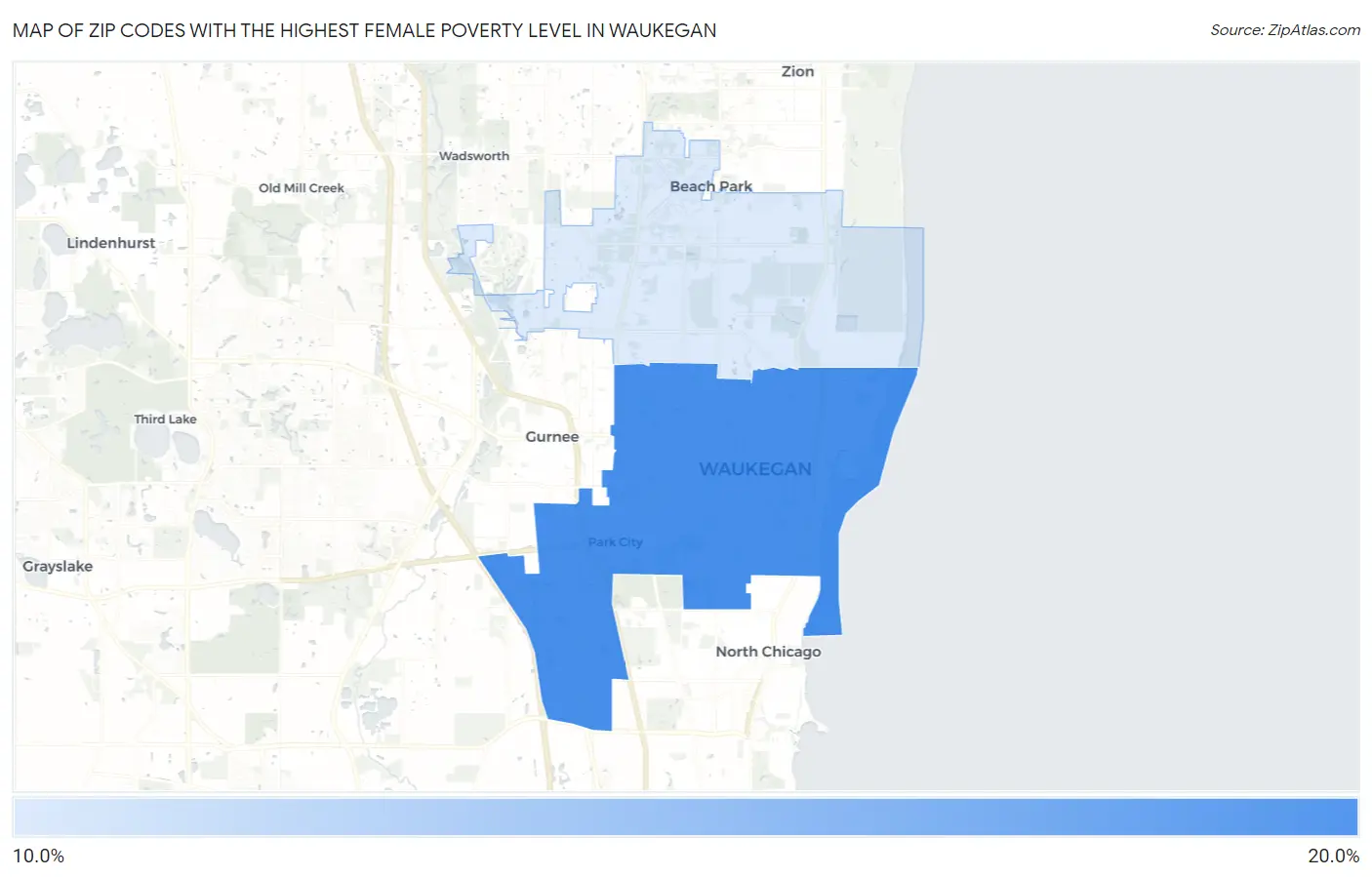 Zip Codes with the Highest Female Poverty Level in Waukegan Map