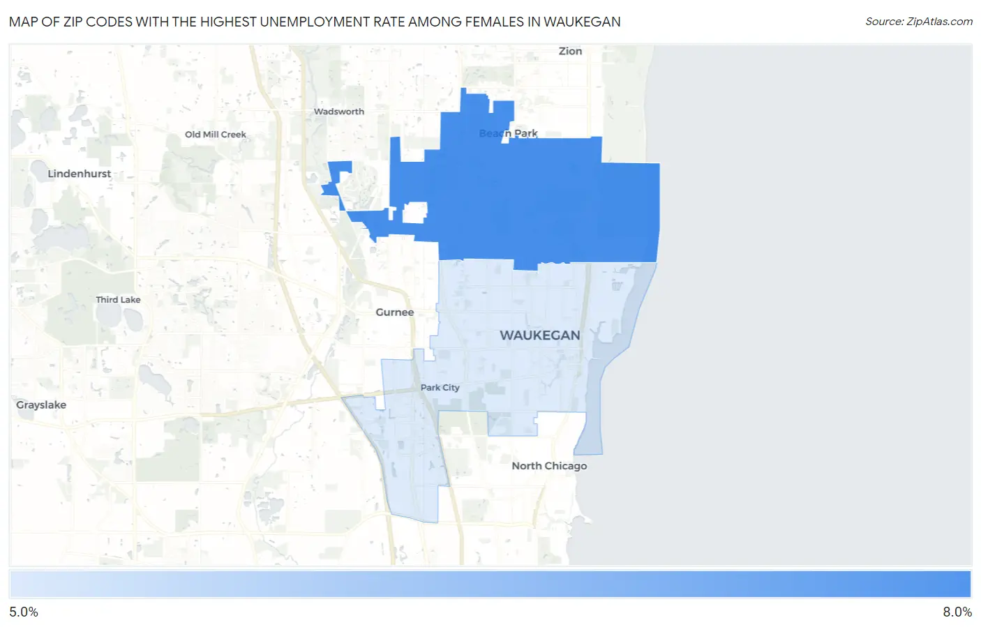Zip Codes with the Highest Unemployment Rate Among Females in Waukegan Map