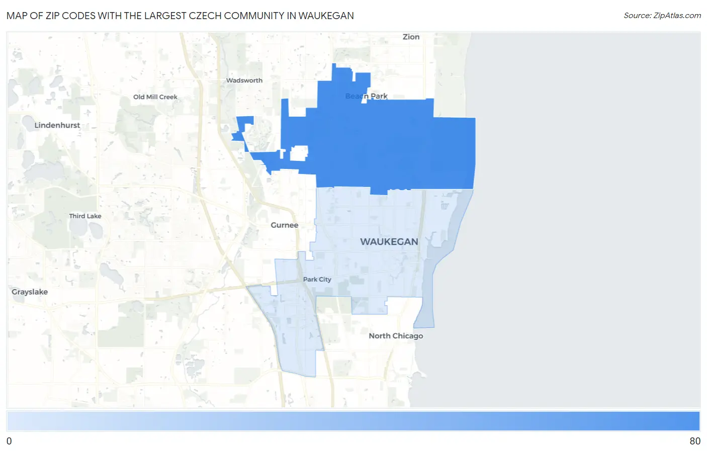 Zip Codes with the Largest Czech Community in Waukegan Map