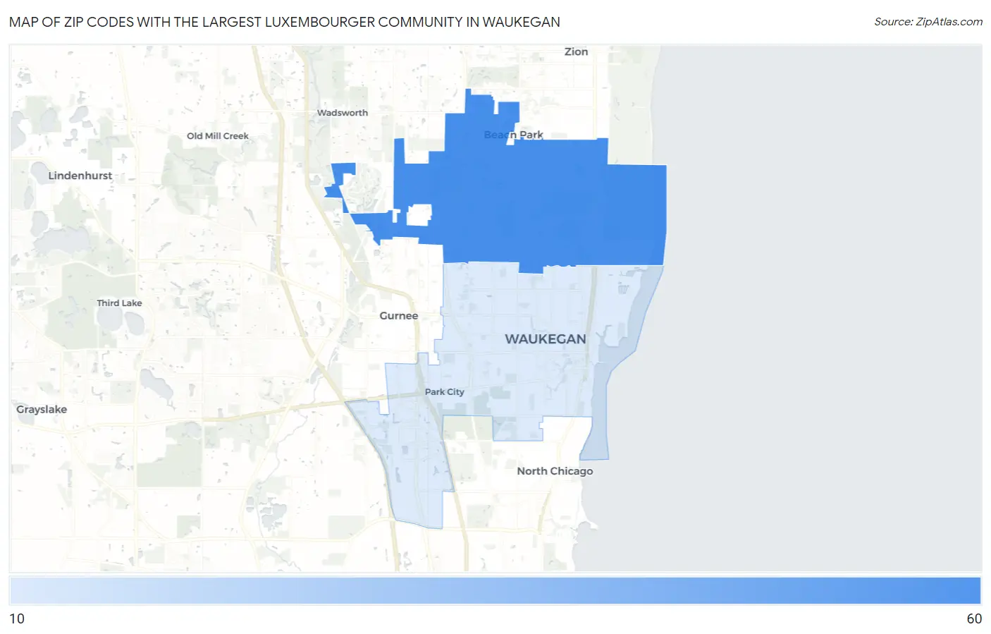 Zip Codes with the Largest Luxembourger Community in Waukegan Map