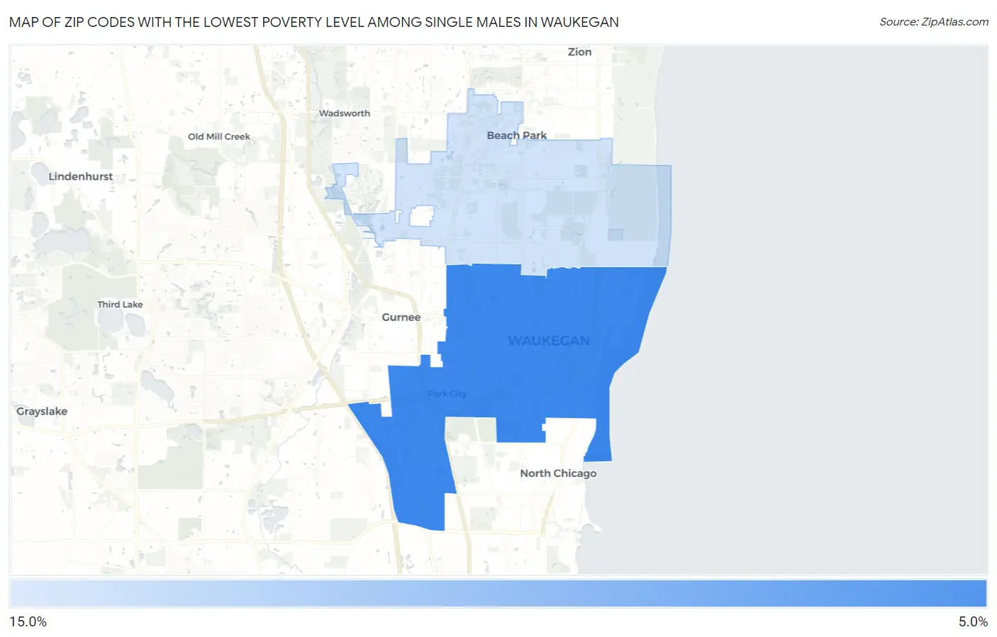 Zip Codes with the Lowest Poverty Level Among Single Males in Waukegan Map