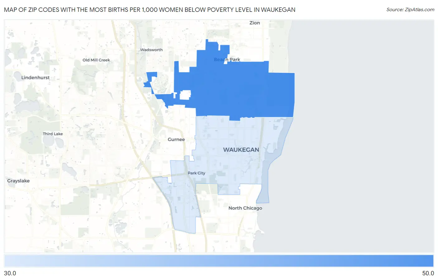 Zip Codes with the Most Births per 1,000 Women Below Poverty Level in Waukegan Map