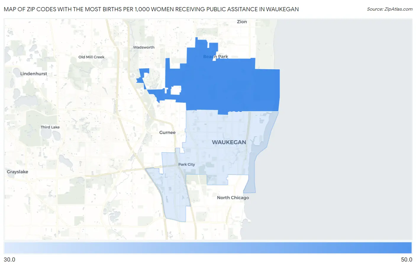Zip Codes with the Most Births per 1,000 Women Receiving Public Assitance in Waukegan Map