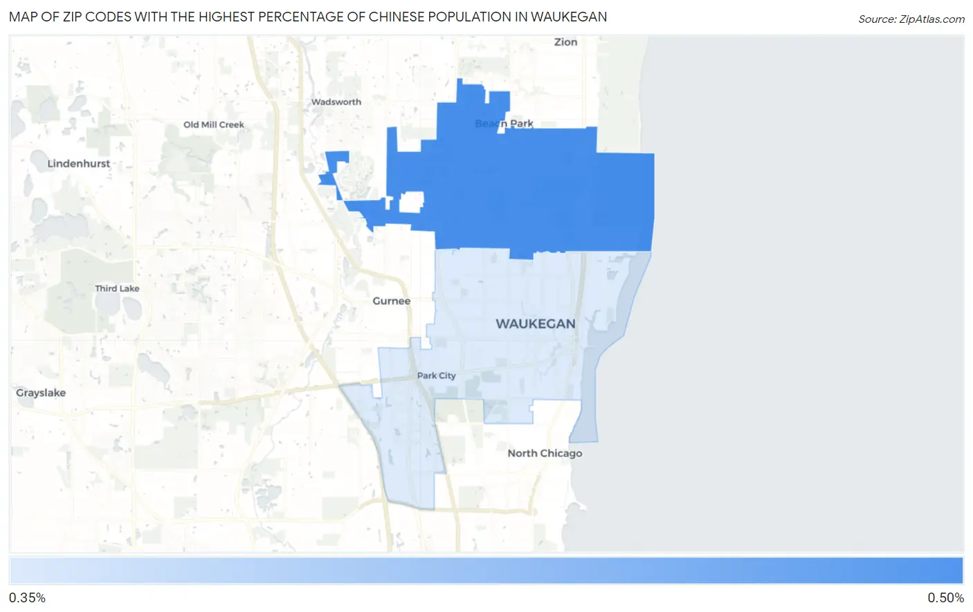 Zip Codes with the Highest Percentage of Chinese Population in Waukegan Map
