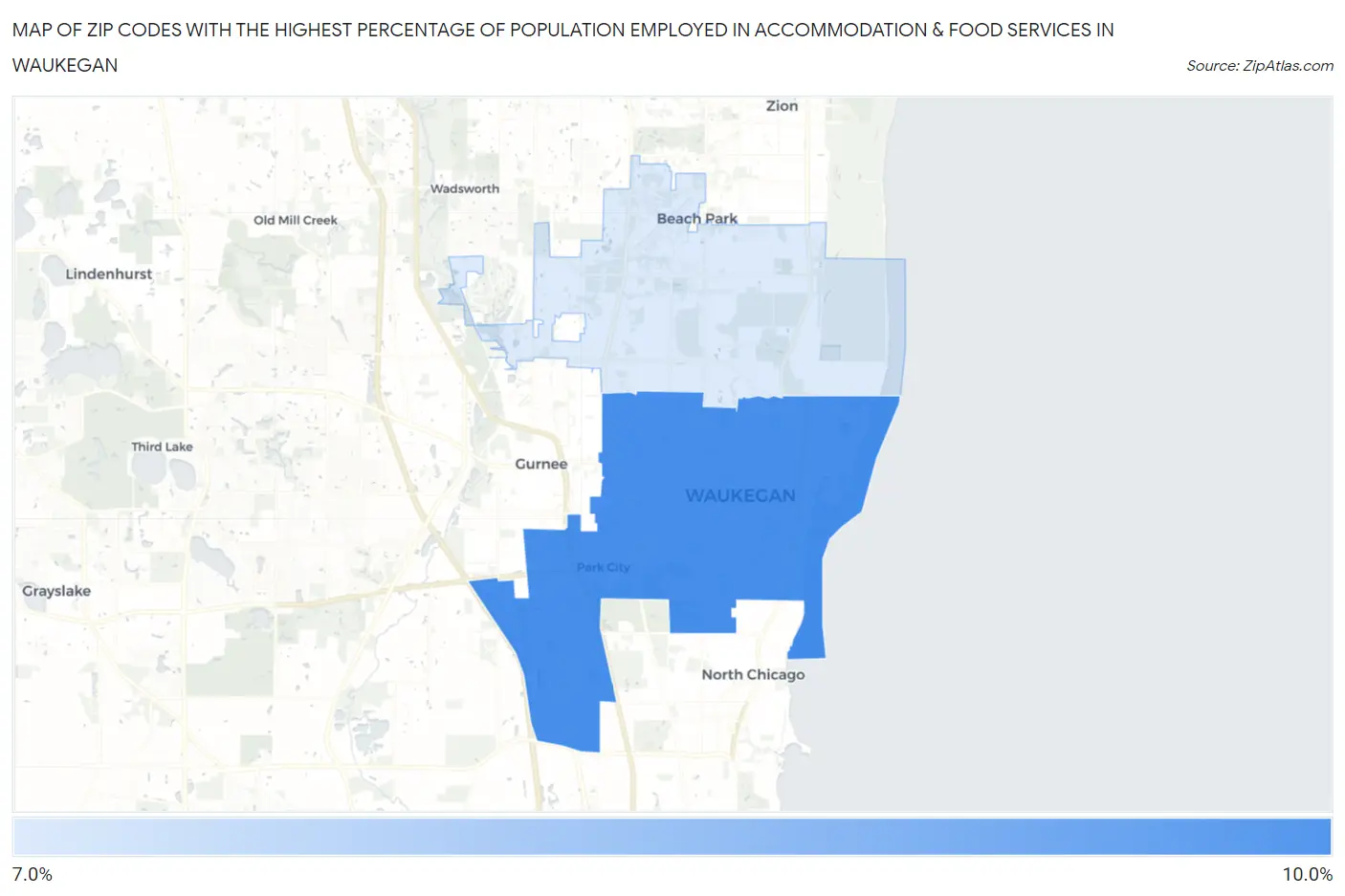 Zip Codes with the Highest Percentage of Population Employed in Accommodation & Food Services in Waukegan Map