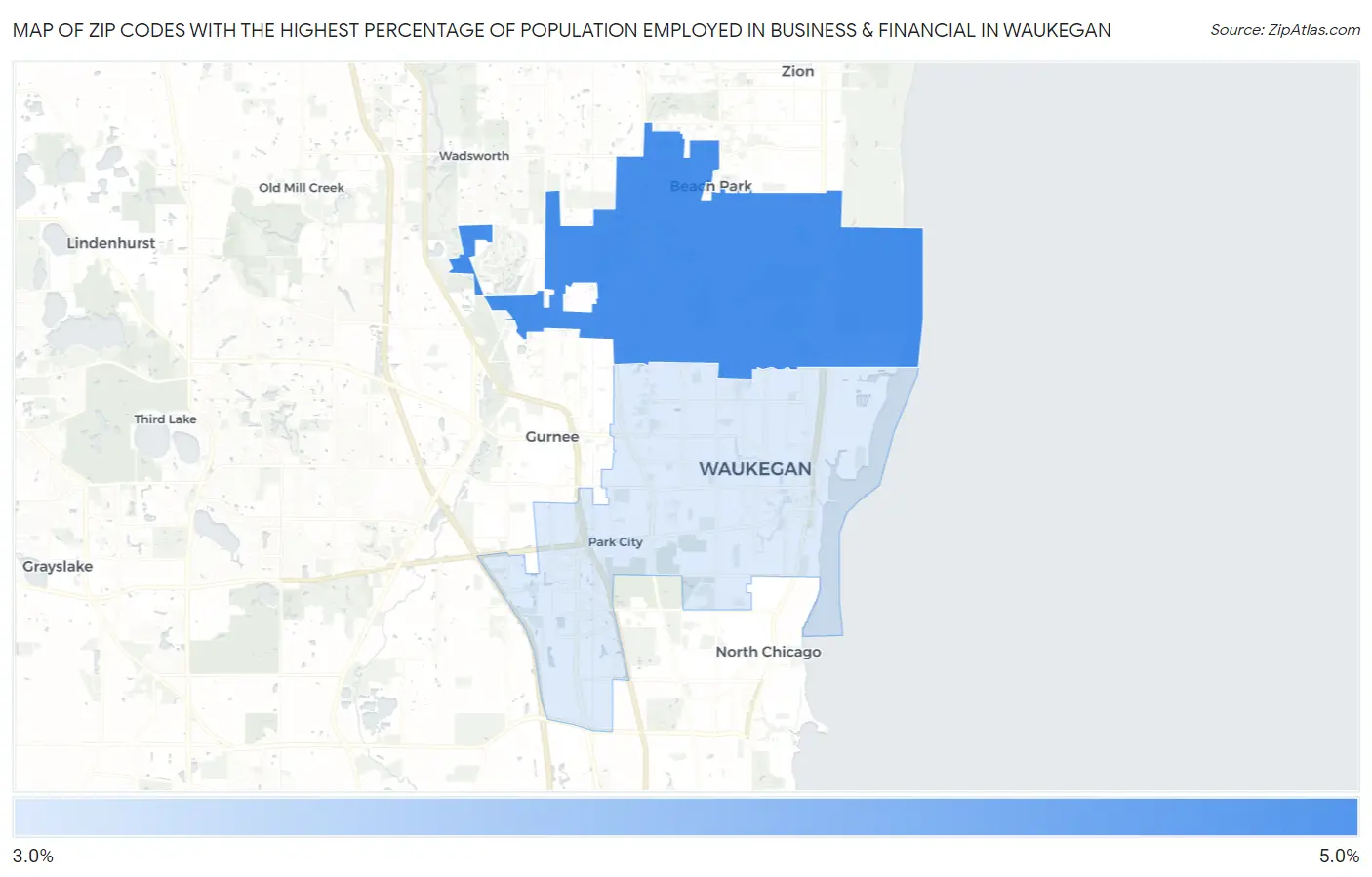Zip Codes with the Highest Percentage of Population Employed in Business & Financial in Waukegan Map