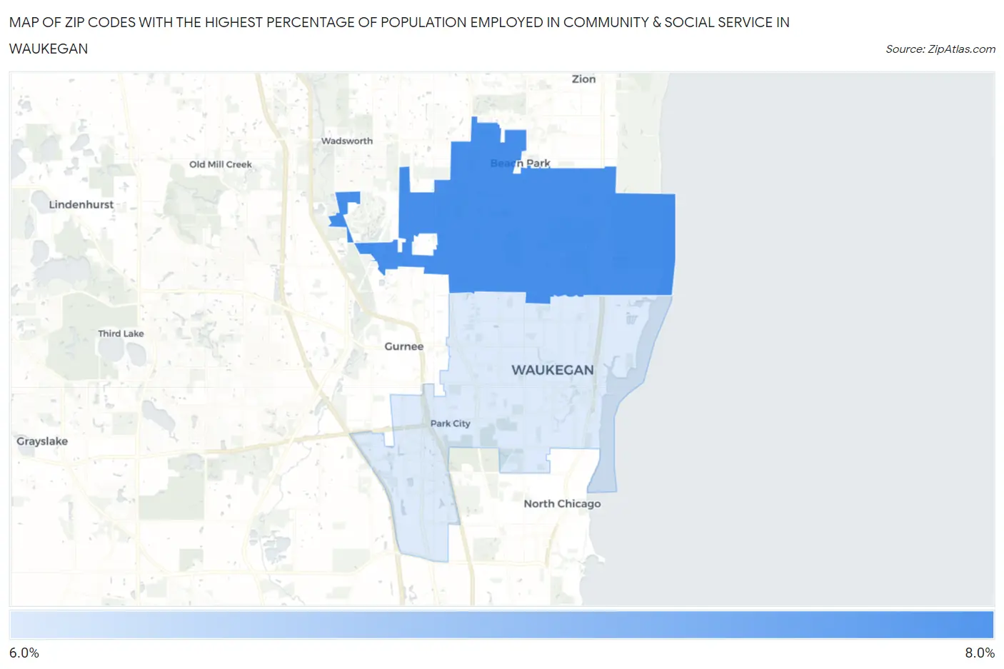 Zip Codes with the Highest Percentage of Population Employed in Community & Social Service  in Waukegan Map