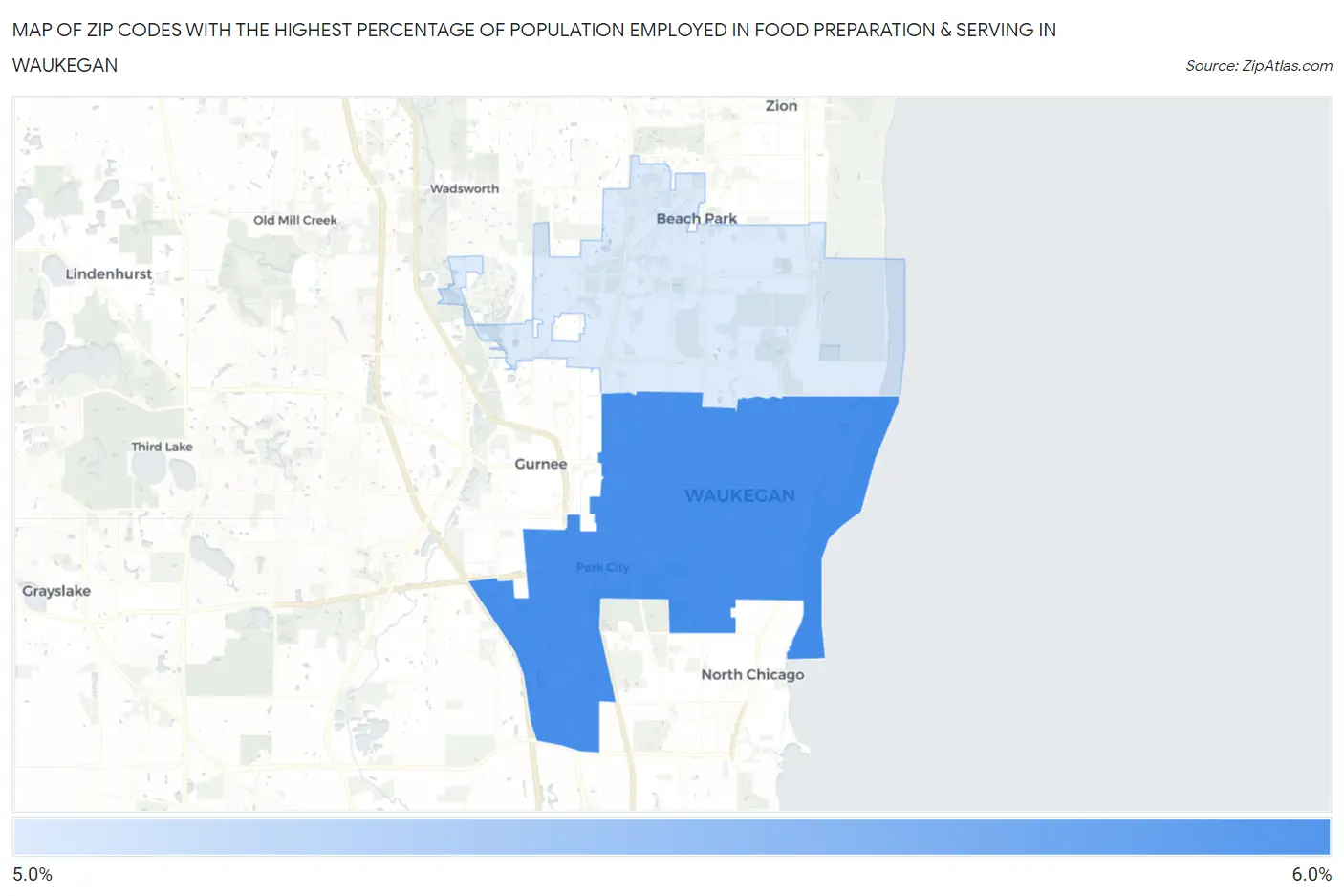 Zip Codes with the Highest Percentage of Population Employed in Food Preparation & Serving in Waukegan Map