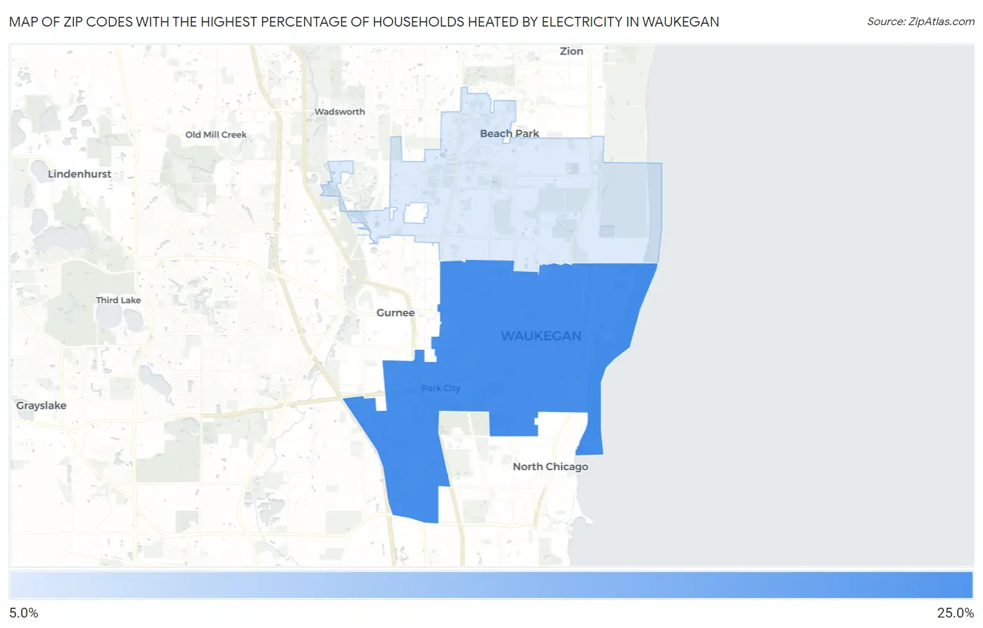 Zip Codes with the Highest Percentage of Households Heated by Electricity in Waukegan Map