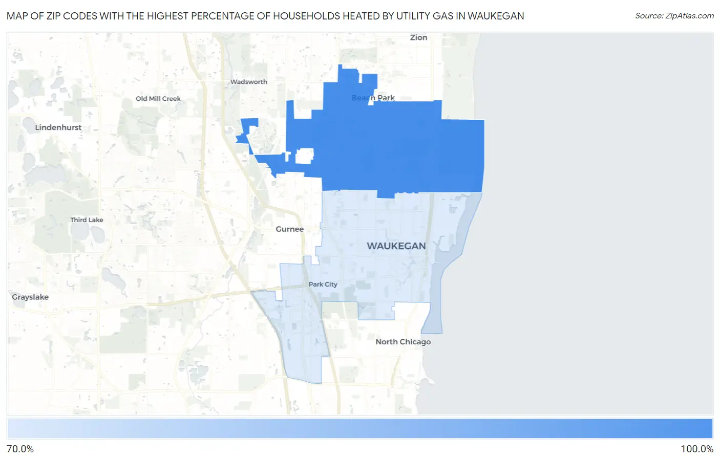 Zip Codes with the Highest Percentage of Households Heated by Utility Gas in Waukegan Map