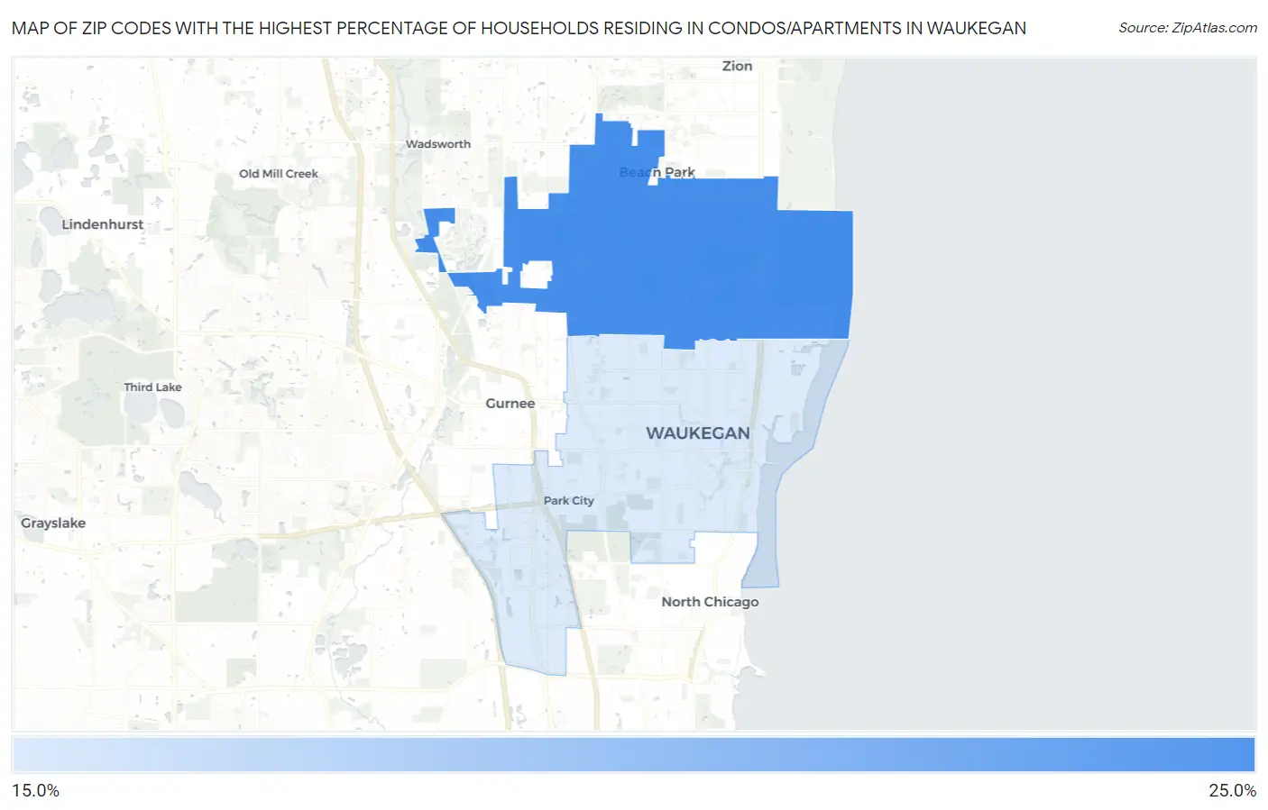 Zip Codes with the Highest Percentage of Households Residing in Condos/Apartments in Waukegan Map