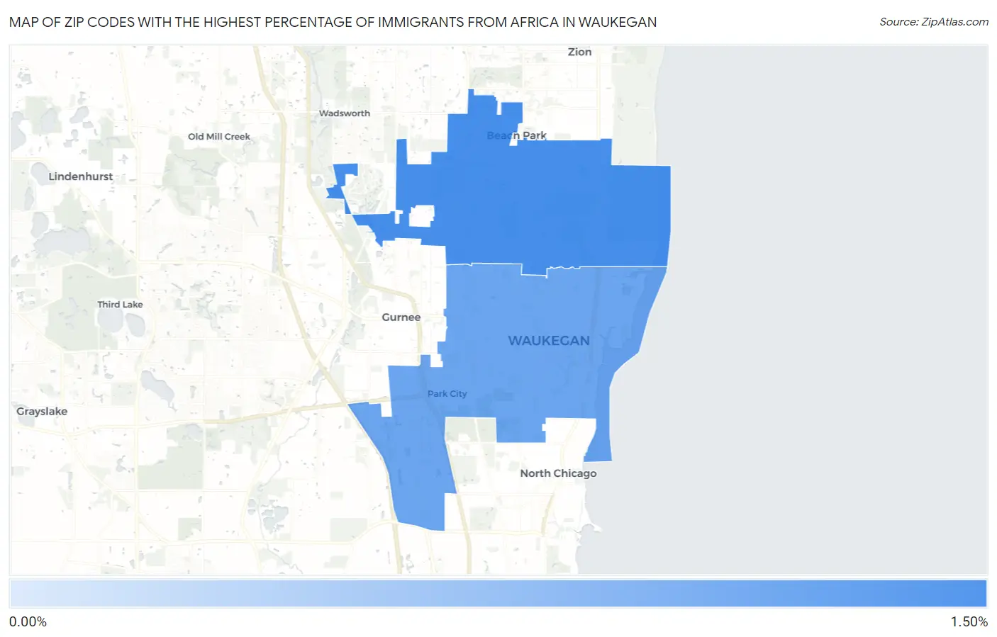 Zip Codes with the Highest Percentage of Immigrants from Africa in Waukegan Map
