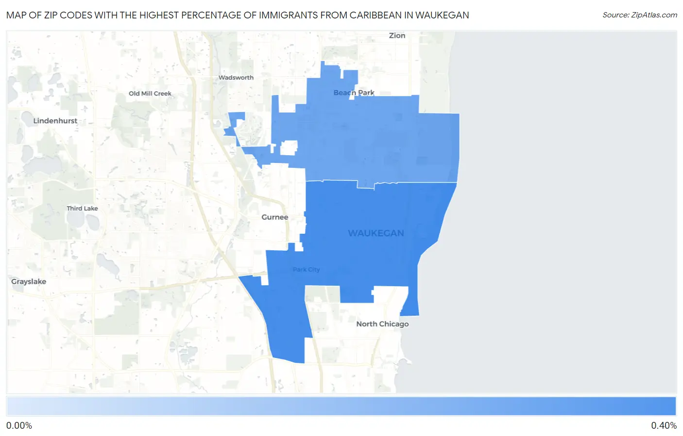 Zip Codes with the Highest Percentage of Immigrants from Caribbean in Waukegan Map