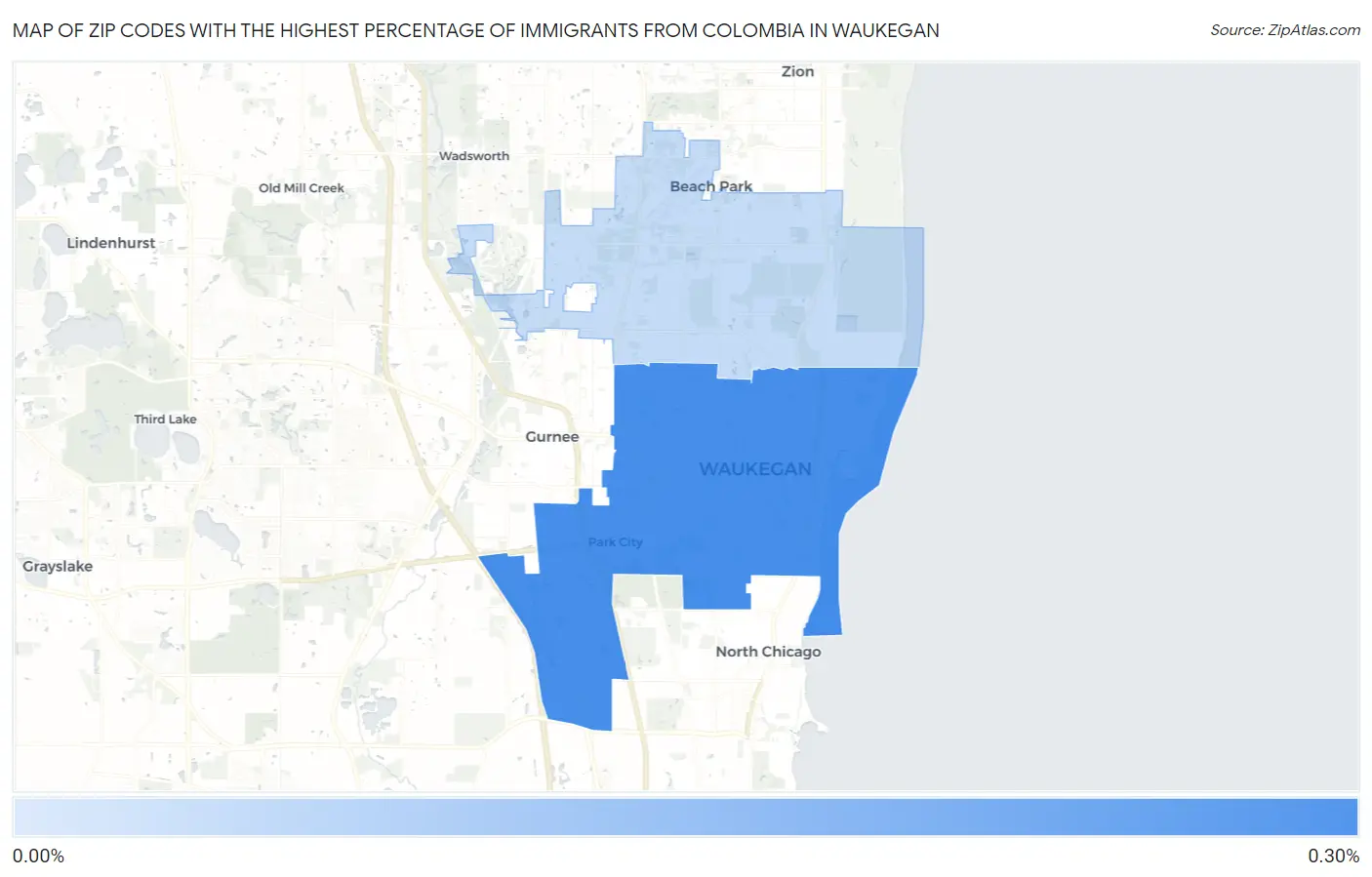 Zip Codes with the Highest Percentage of Immigrants from Colombia in Waukegan Map