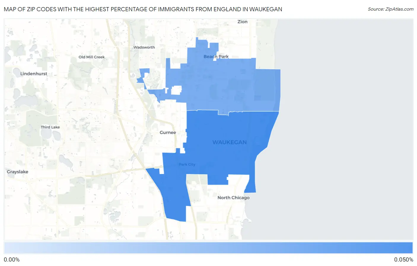 Zip Codes with the Highest Percentage of Immigrants from England in Waukegan Map