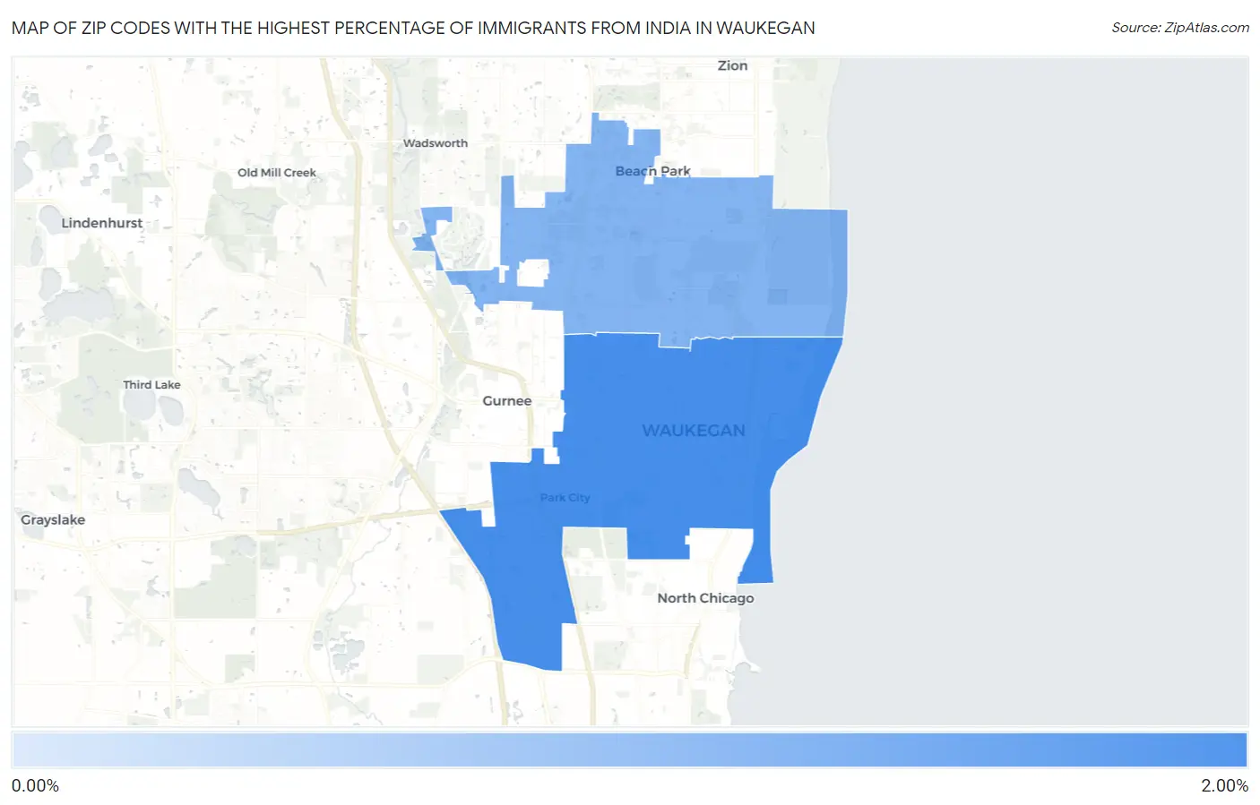Zip Codes with the Highest Percentage of Immigrants from India in Waukegan Map