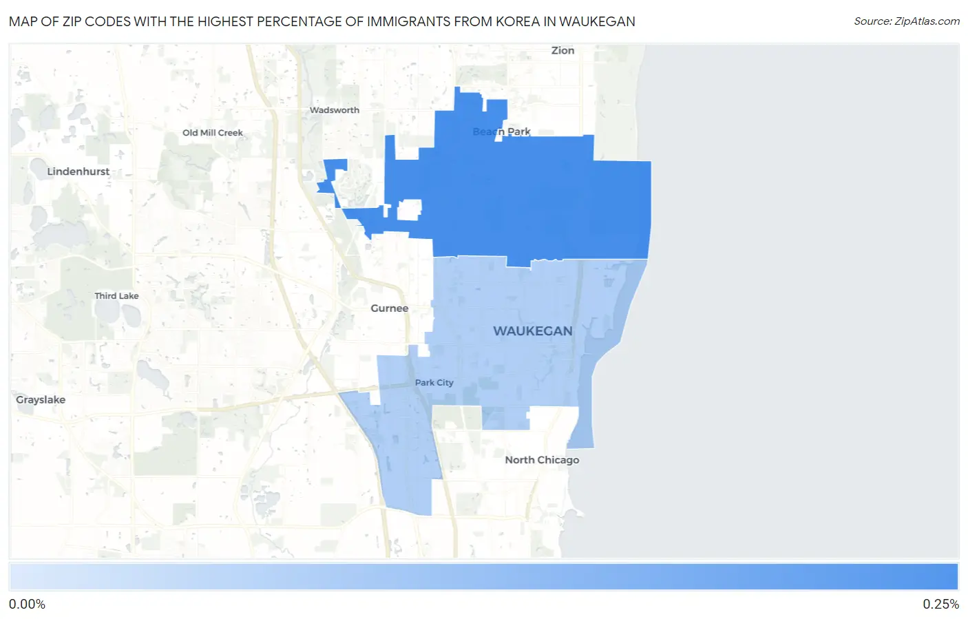 Zip Codes with the Highest Percentage of Immigrants from Korea in Waukegan Map